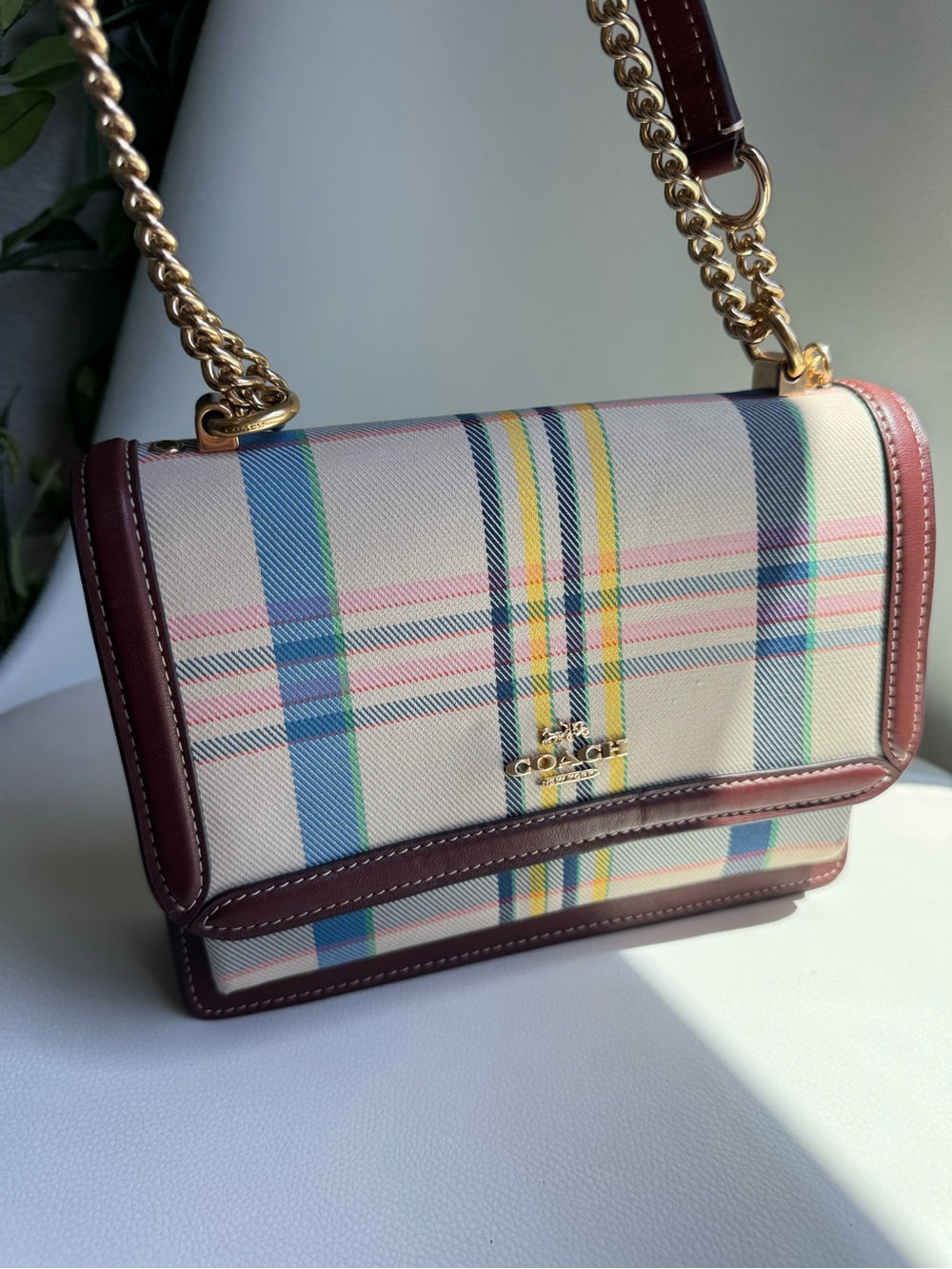 Coach Klare CBI66 Plaid Chain Shoulder Crossbody Bag Cream Brown Leather
